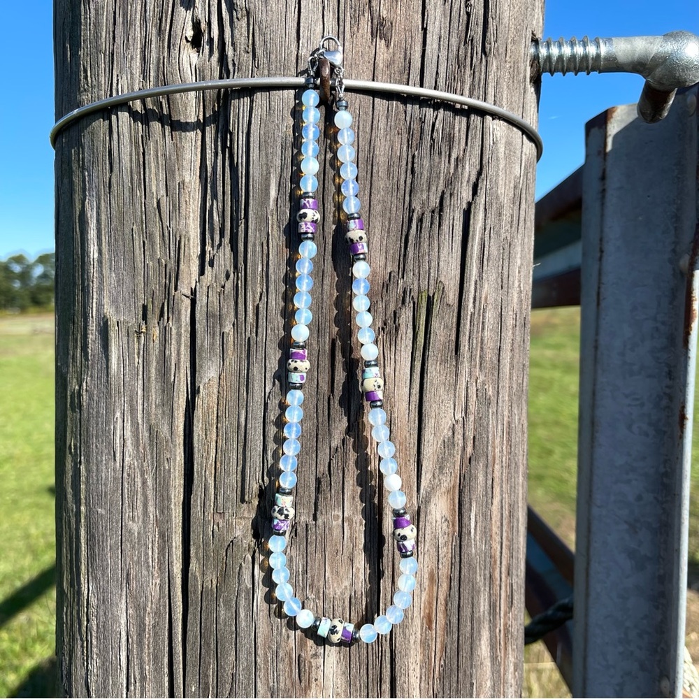 Handmade White Opal Beaded Necklace | Cow Print Dalmatian Jasper Purple Blue